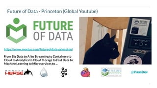 3
Future of Data - Princeton (Global Youtube)
@PaasDev
https://www.meetup.com/futureofdata-princeton/
From Big Data to AI to Streaming to Containers to
Cloud to Analytics to Cloud Storage to Fast Data to
Machine Learning to Microservices to ...
 