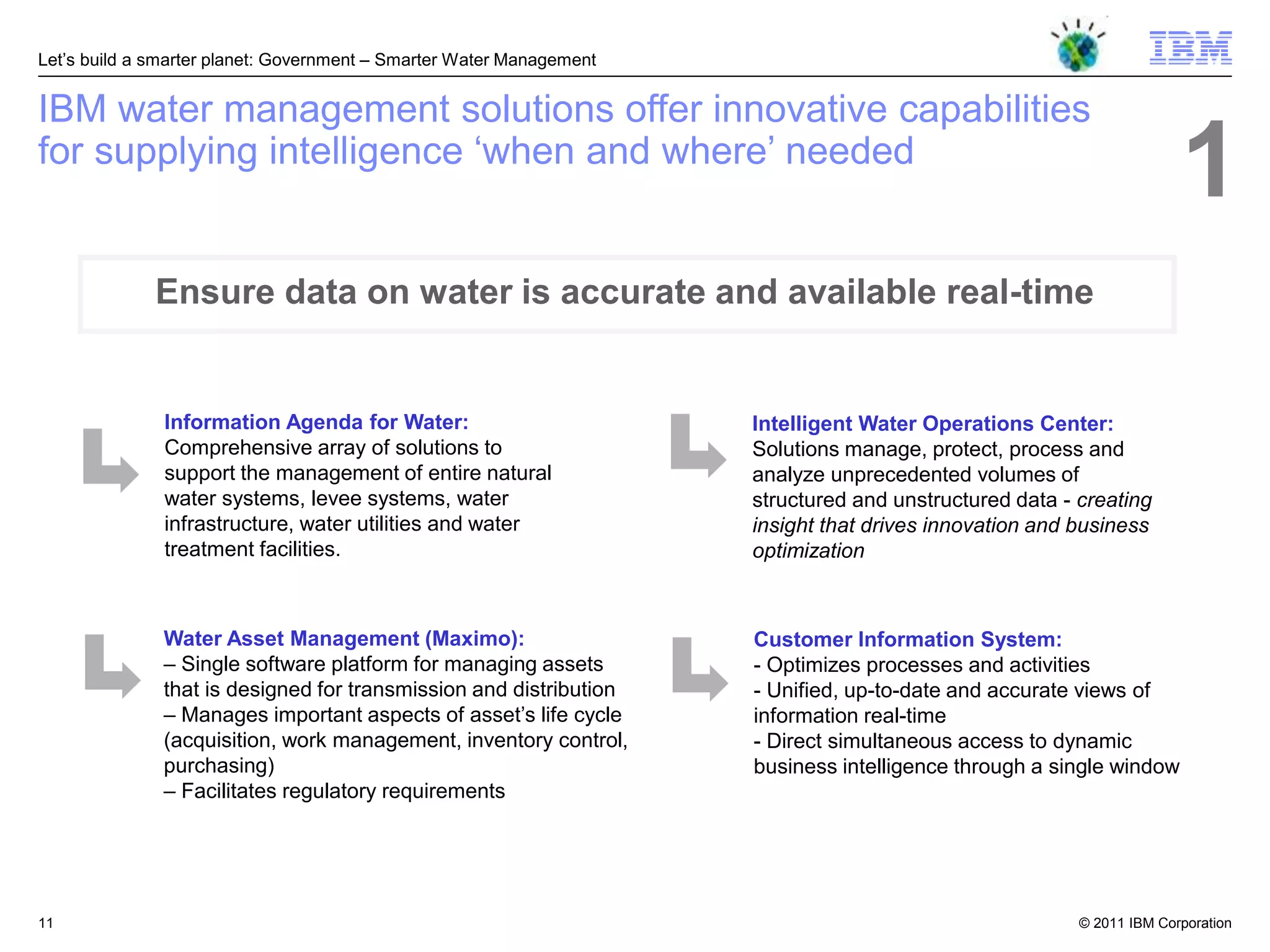 Let‘s build a smarter planet: Government – Smarter Water Management


IBM water management solutions offer innovative capabilities
for supplying intelligence ‗when and where‘ needed
                                                                                                                       1
              Ensure data on water is accurate and available real-time


               Information Agenda for Water:                          Intelligent Water Operations Center:
               Comprehensive array of solutions to                    Solutions manage, protect, process and
               support the management of entire natural               analyze unprecedented volumes of
               water systems, levee systems, water                    structured and unstructured data - creating
               infrastructure, water utilities and water              insight that drives innovation and business
               treatment facilities.                                  optimization



               Water Asset Management (Maximo):                       Customer Information System:
               – Single software platform for managing assets         - Optimizes processes and activities
               that is designed for transmission and distribution     - Unified, up-to-date and accurate views of
               – Manages important aspects of asset‘s life cycle      information real-time
               (acquisition, work management, inventory control,      - Direct simultaneous access to dynamic
               purchasing)                                            business intelligence through a single window
               – Facilitates regulatory requirements




11                                                                                                       © 2011 IBM Corporation
 