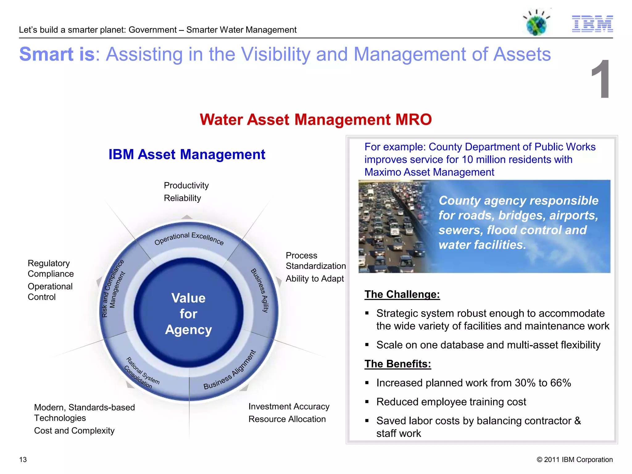 Let‘s build a smarter planet: Government – Smarter Water Management


Smart is: Assisting in the Visibility and Management of Assets
                                                                                                                                     1
                                           Water Asset Management MRO
                                                                                  For example: County Department of Public Works
                     IBM Asset Management                                         improves service for 10 million residents with
                                                                                  Maximo Asset Management
                                 Productivity
                                 Reliability                                                     County agency responsible
                                                                                                  for roads, bridges, airports,
                                                                                                  sewers, flood control and
                                                                                                  water facilities.
                                                              Process
 Regulatory                                                   Standardization
  Compliance
                                                              Ability to Adapt
 Operational
  Control                           Value                                         The Challenge:
                                     for                                           Strategic system robust enough to accommodate
                                   Agency                                           the wide variety of facilities and maintenance work
                                                                                   Scale on one database and multi-asset flexibility
                                                                                  The Benefits:
                                                                                   Increased planned work from 30% to 66%

  Modern, Standards-based                           Investment Accuracy          Reduced employee training cost
   Technologies                                      Resource Allocation          Saved labor costs by balancing contractor &
  Cost and Complexity                                                              staff work

13                                                                                                                     © 2011 IBM Corporation
 