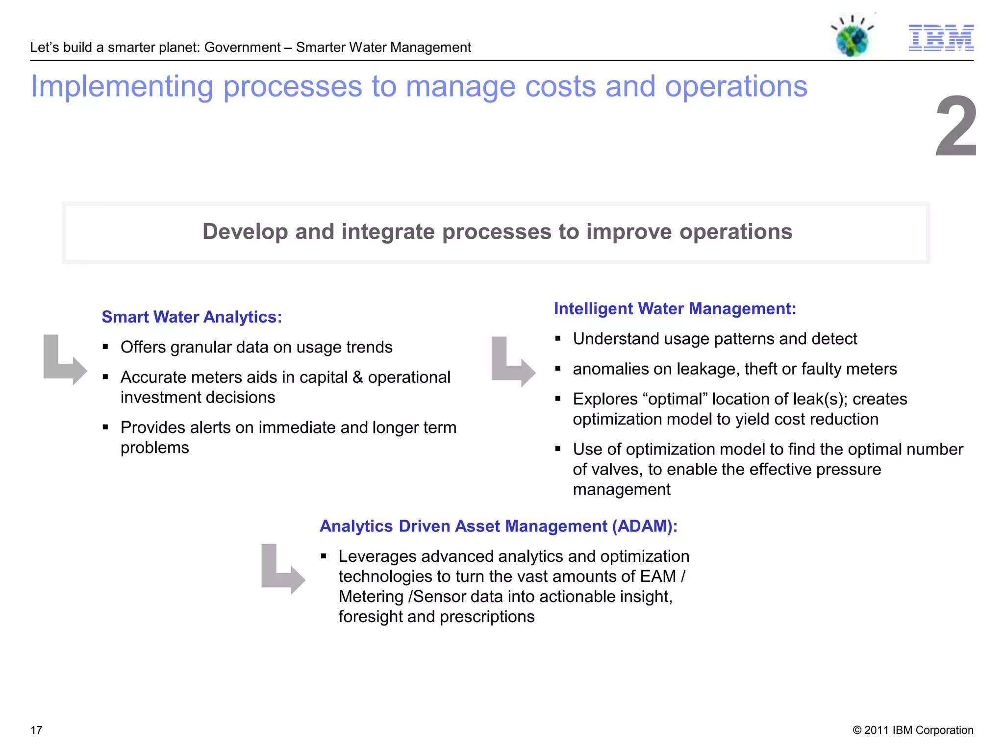 Let‘s build a smarter planet: Government – Smarter Water Management


Implementing processes to manage costs and operations
                                                                                                                                2
                          Develop and integrate processes to improve operations


                                                                         Intelligent Water Management:
          Smart Water Analytics:
                                                                          Understand usage patterns and detect
           Offers granular data on usage trends
                                                                          anomalies on leakage, theft or faulty meters
           Accurate meters aids in capital & operational
            investment decisions                                          Explores ―optimal‖ location of leak(s); creates
           Provides alerts on immediate and longer term                   optimization model to yield cost reduction
            problems                                                      Use of optimization model to find the optimal number
                                                                           of valves, to enable the effective pressure
                                                                           management

                                           Analytics Driven Asset Management (ADAM):
                                            Leverages advanced analytics and optimization
                                             technologies to turn the vast amounts of EAM /
                                             Metering /Sensor data into actionable insight,
                                             foresight and prescriptions




17                                                                                                                © 2011 IBM Corporation
 