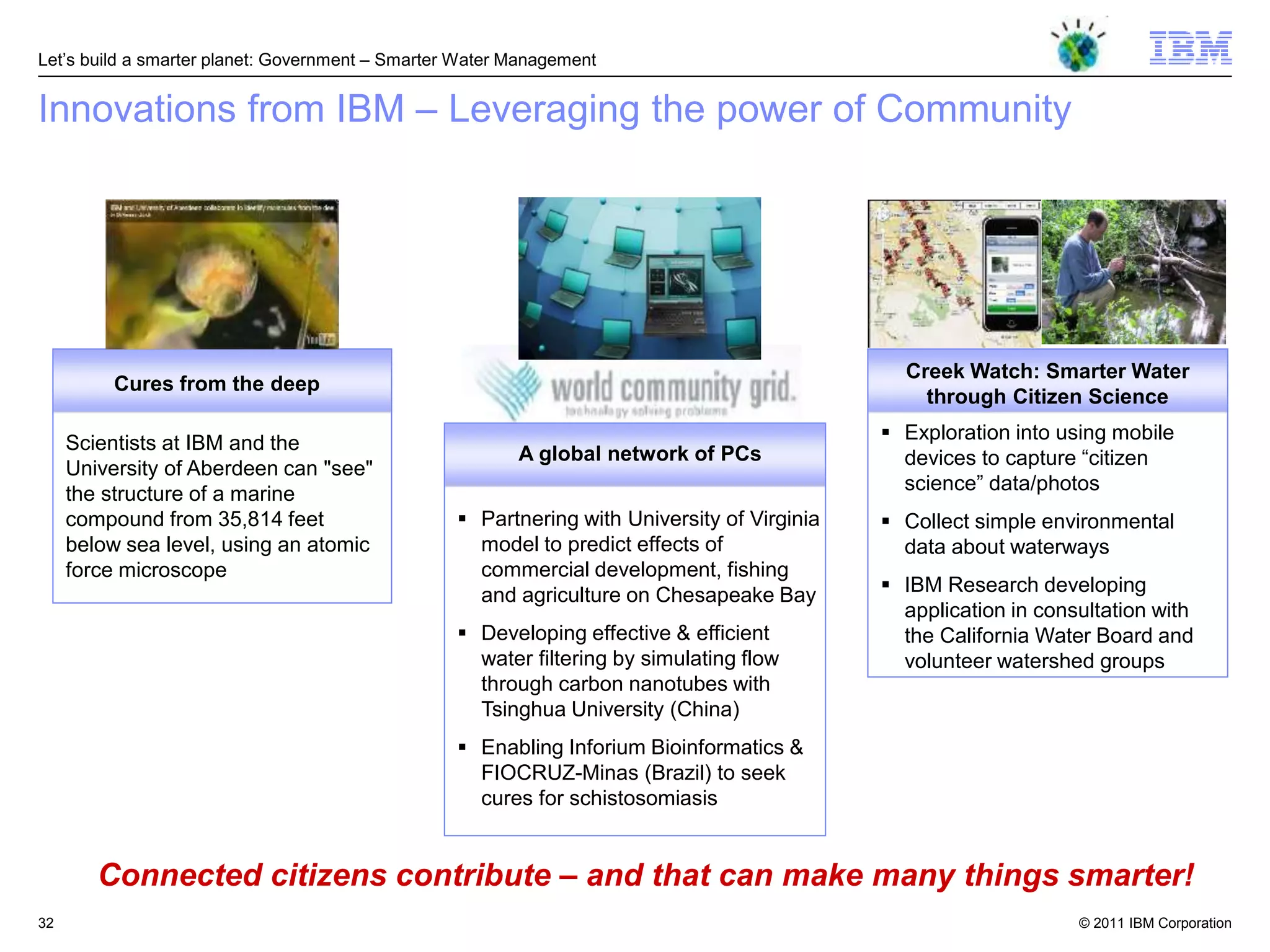 Let‘s build a smarter planet: Government – Smarter Water Management


Innovations from IBM – Leveraging the power of Community




                                                                                               Creek Watch: Smarter Water
          Cures from the deep
                                                                                                 through Citizen Science

     Scientists at IBM and the                                                                Exploration into using mobile
                                                         A global network of PCs               devices to capture ―citizen
     University of Aberdeen can "see"
     the structure of a marine                                                                 science‖ data/photos
     compound from 35,814 feet                     Partnering with University of Virginia    Collect simple environmental
     below sea level, using an atomic               model to predict effects of                data about waterways
     force microscope                               commercial development, fishing
                                                    and agriculture on Chesapeake Bay         IBM Research developing
                                                                                               application in consultation with
                                                   Developing effective & efficient           the California Water Board and
                                                    water filtering by simulating flow         volunteer watershed groups
                                                    through carbon nanotubes with
                                                    Tsinghua University (China)
                                                   Enabling Inforium Bioinformatics &
                                                    FIOCRUZ-Minas (Brazil) to seek
                                                    cures for schistosomiasis


        Connected citizens contribute – and that can make many things smarter!
32                                                                                                                © 2011 IBM Corporation
 