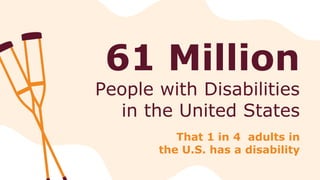 61 Million
People with Disabilities
in the United States
That 1 in 4 adults in
the U.S. has a disability
 