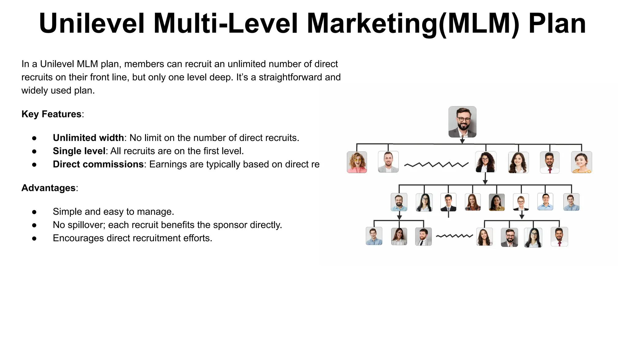 Unilevel Multi-Level Marketing(MLM) Plan
In a Unilevel MLM plan, members can recruit an unlimited number of direct
recruits on their front line, but only one level deep. It’s a straightforward and
widely used plan.
Key Features:
● Unlimited width: No limit on the number of direct recruits.
● Single level: All recruits are on the first level.
● Direct commissions: Earnings are typically based on direct recruits.
Advantages:
● Simple and easy to manage.
● No spillover; each recruit benefits the sponsor directly.
● Encourages direct recruitment efforts.
 