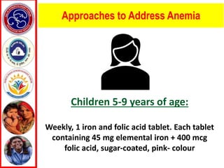 Approaches to Address Anemia
Children 5-9 years of age:
Weekly, 1 iron and folic acid tablet. Each tablet
containing 45 mg elemental iron + 400 mcg
folic acid, sugar-coated, pink- colour
 