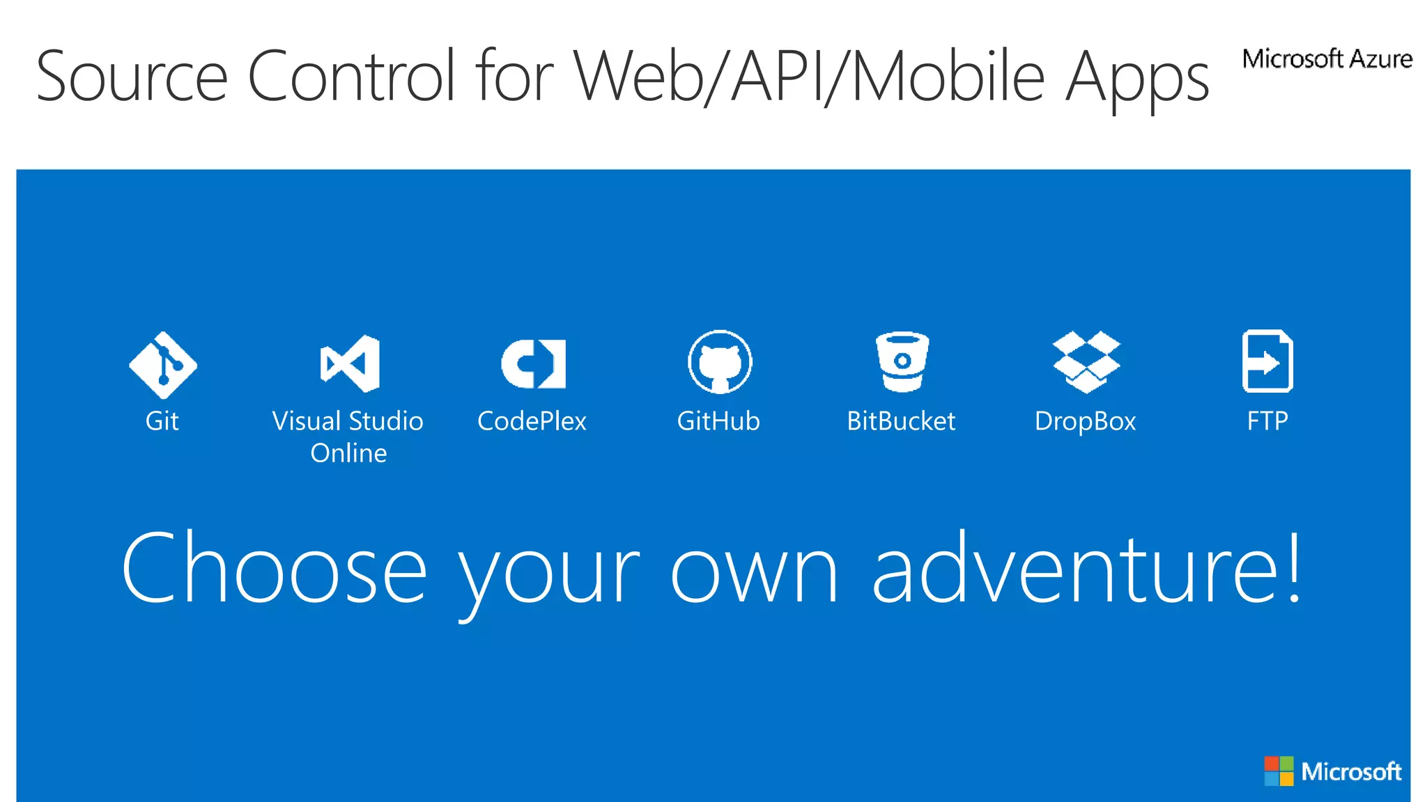 GitHubVisual Studio
Online
Git BitBucketCodePlex DropBox FTP
Choose your own adventure!
Source Control for Web/API/Mobile Apps
 