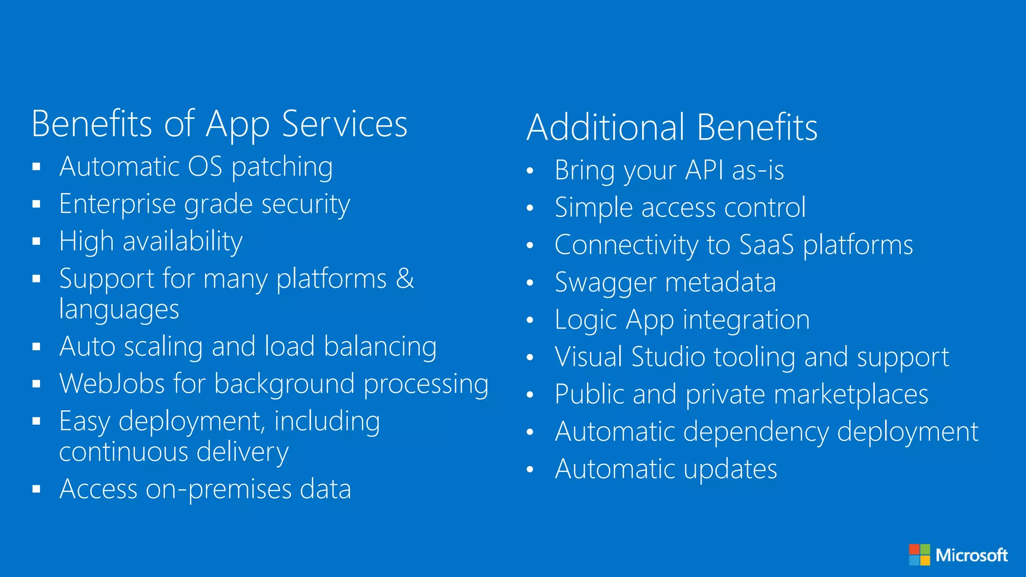 Benefits of App Services
 Automatic OS patching
 Enterprise grade security
 High availability
 Support for many platforms &
languages
 Auto scaling and load balancing
 WebJobs for background processing
 Easy deployment, including
continuous delivery
 Access on-premises data
Additional Benefits
• Bring your API as-is
• Simple access control
• Connectivity to SaaS platforms
• Swagger metadata
• Logic App integration
• Visual Studio tooling and support
• Public and private marketplaces
• Automatic dependency deployment
• Automatic updates
 