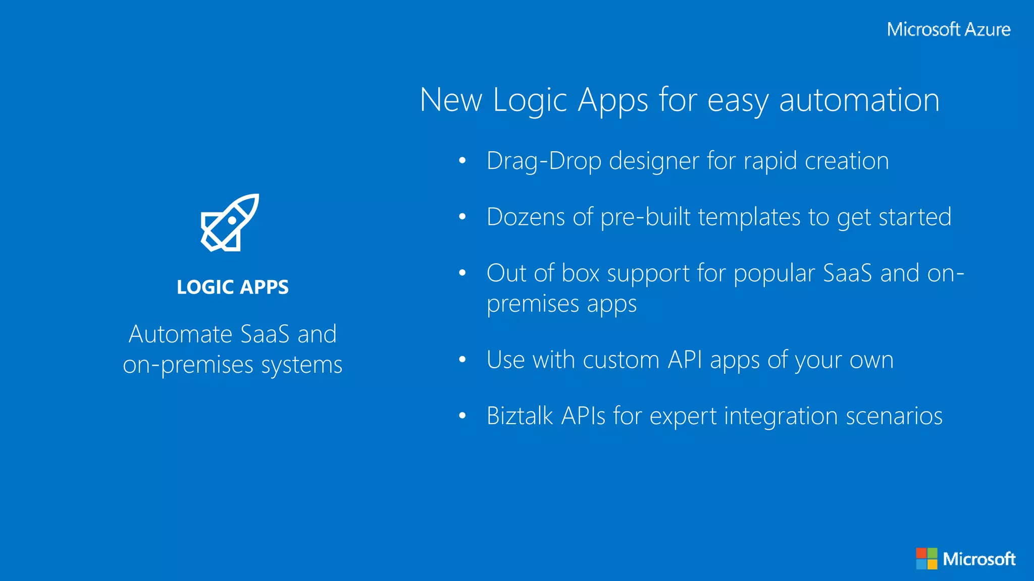 New Logic Apps for easy automation
• Drag-Drop designer for rapid creation
• Dozens of pre-built templates to get started
• Out of box support for popular SaaS and on-
premises apps
• Use with custom API apps of your own
• Biztalk APIs for expert integration scenarios
Automate SaaS and
on-premises systems
LOGIC APPS
 