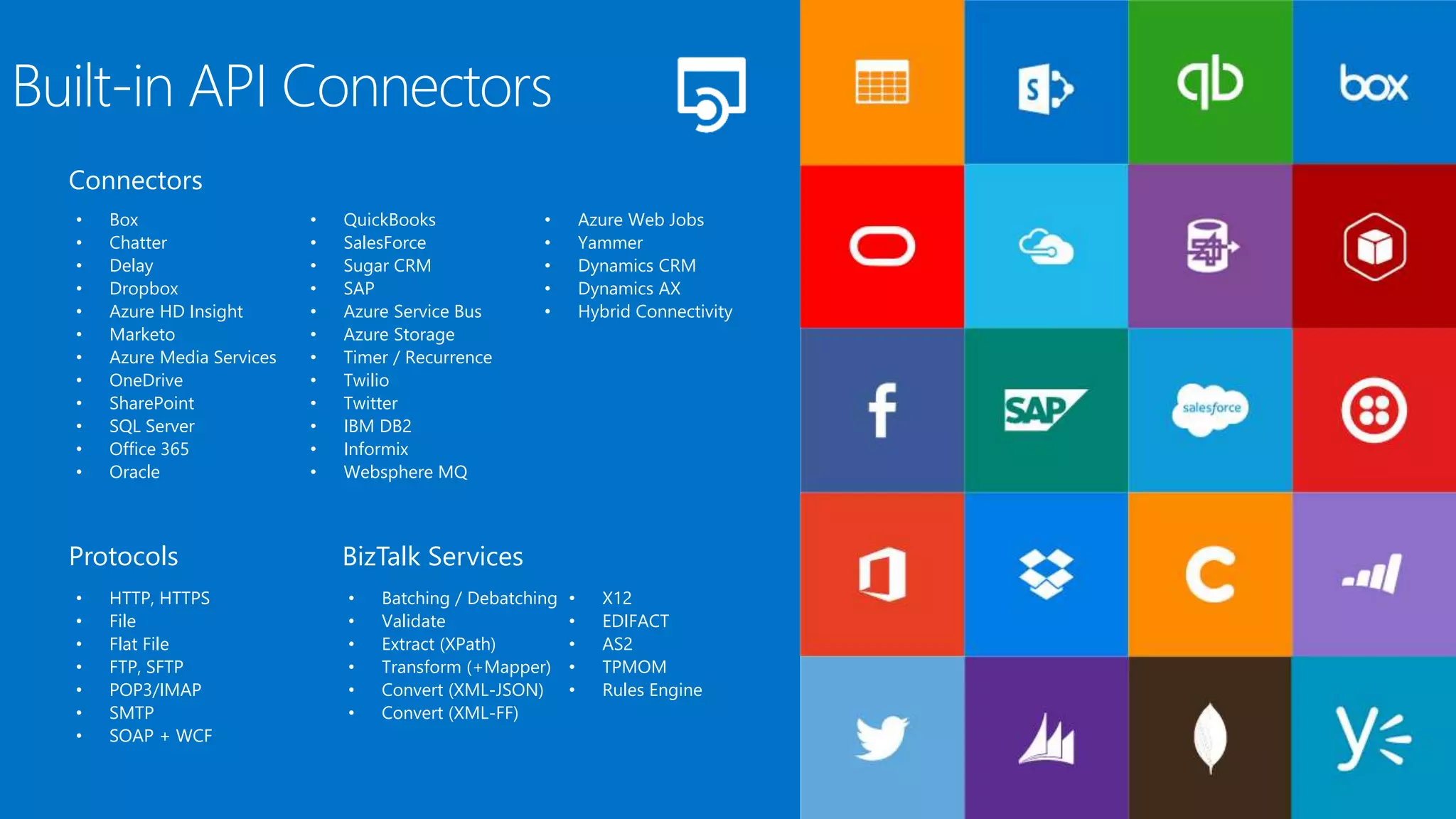 • Box
• Chatter
• Delay
• Dropbox
• Azure HD Insight
• Marketo
• Azure Media Services
• OneDrive
• SharePoint
• SQL Server
• Office 365
• Oracle
• QuickBooks
• SalesForce
• Sugar CRM
• SAP
• Azure Service Bus
• Azure Storage
• Timer / Recurrence
• Twilio
• Twitter
• IBM DB2
• Informix
• Websphere MQ
• Azure Web Jobs
• Yammer
• Dynamics CRM
• Dynamics AX
• Hybrid Connectivity
• HTTP, HTTPS
• File
• Flat File
• FTP, SFTP
• POP3/IMAP
• SMTP
• SOAP + WCF
• Batching / Debatching
• Validate
• Extract (XPath)
• Transform (+Mapper)
• Convert (XML-JSON)
• Convert (XML-FF)
• X12
• EDIFACT
• AS2
• TPMOM
• Rules Engine
Connectors
Protocols BizTalk Services
Built-in API Connectors
 