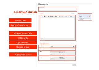 4.3 Article Outline

   Ar9cle 9tle

Body of ar9cle text


  Category selec9on
       Video URL
     Upload video
     Upload image


   Publica9on status
 