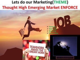Lets do our Marketing(THEME)
Thought High Emerging Market ENFORCE
 Forming
 Storming
 Norming
 Performing
 