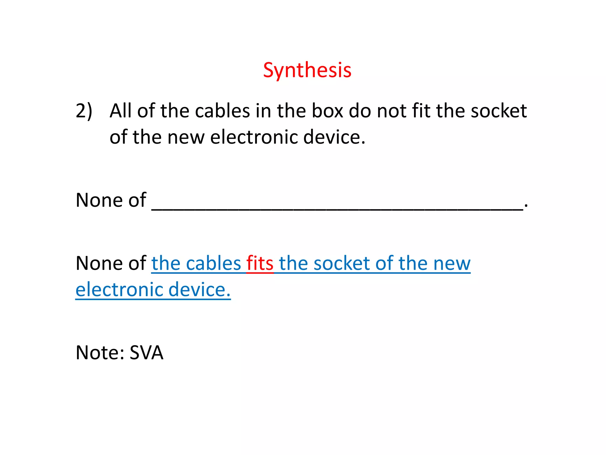 Synthesis
2) All of the cables in the box do not fit the socket
of the new electronic device.
None of __________________________________.
None of the cables fits the socket of the new
electronic device.
Note: SVA
 