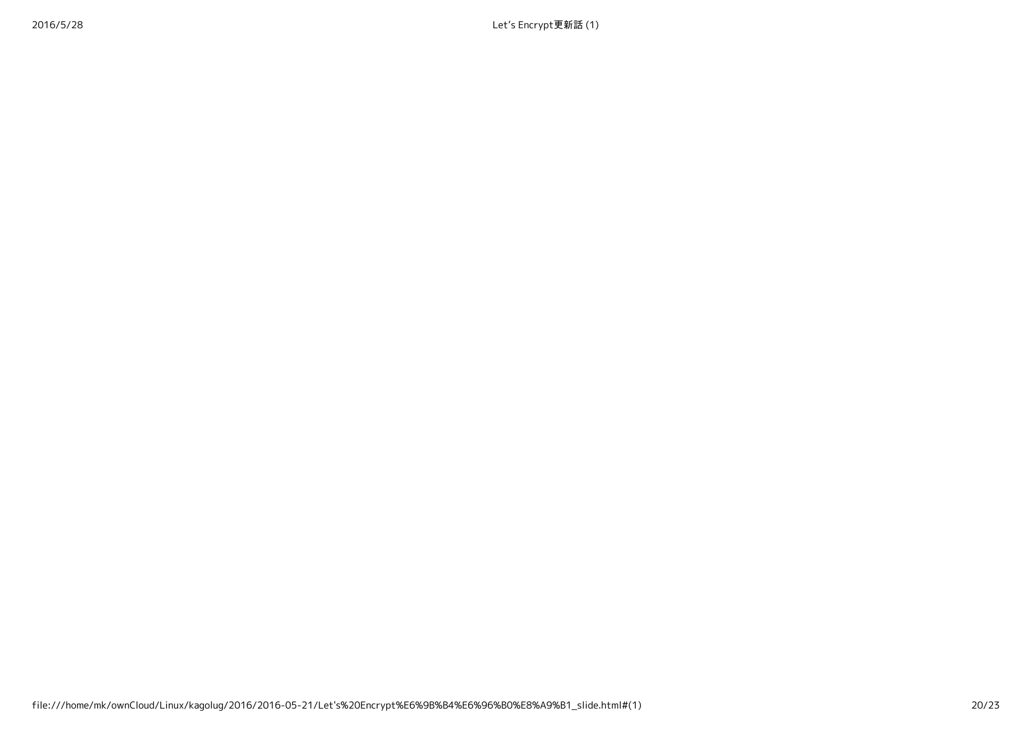 2016/5/28 Let’s Encrypt更新話 (1)
file:///home/mk/ownCloud/Linux/kagolug/2016/2016-05-21/Let's%20Encrypt%E6%9B%B4%E6%96%B0%E8%A9%B1_slide.html#(1) 20/23
 