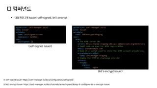  컴퍼넌트
※ self-signed issuer: https://cert-manager.io/docs/configuration/selfsigned/
▪ 대표적인 2개 Issuer: self-signed, let's encrypt
apiVersion: cert-manager.io/v1
kind: Issuer
metadata:
name: selfsigned-issuer
namespace: sandbox
spec:
selfSigned: {}
apiVersion: cert-manager.io/v1
kind: Issuer
metadata:
name: letsencrypt-staging
spec:
acme:
# The ACME server URL
server: https://acme-staging-v02.api.letsencrypt.org/directory
# Email address used for ACME registration
email: user@example.com
# Name of a secret used to store the ACME account private key
privateKeySecretRef:
name: letsencrypt-staging
# Enable the HTTP-01 challenge provider
solvers:
- http01:
ingress:
class: nginx
<self-signed issuer>
<let's encrypt issuer>
※ let's encrypt issuer: https://cert-manager.io/docs/tutorials/acme/ingress/#step-6-configure-let-s-encrypt-issuer
 