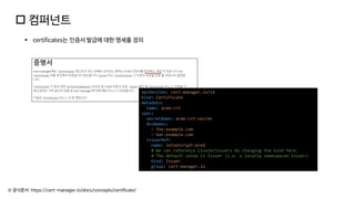  컴퍼넌트
※ 공식문서: https://cert-manager.io/docs/concepts/certificate/
▪ certificates는 인증서 발급에 대한 명세를 정의
apiVersion: cert-manager.io/v1
kind: Certificate
metadata:
name: acme-crt
spec:
secretName: acme-crt-secret
dnsNames:
- foo.example.com
- bar.example.com
issuerRef:
name: letsencrypt-prod
# We can reference ClusterIssuers by changing the kind here.
# The default value is Issuer (i.e. a locally namespaced Issuer)
kind: Issuer
group: cert-manager.io
 