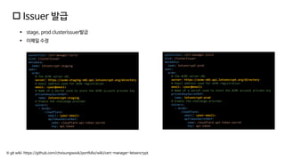  Issuer 발급
※ git wiki: https://github.com/choisungwook/portfolio/wiki/cert-manager-letsencrypt
▪ stage, prod clusterissuer발급
▪ 이메일 수정
apiVersion: cert-manager.io/v1
kind: ClusterIssuer
metadata:
name: letsencrypt-staging
spec:
acme:
# The ACME server URL
server: https://acme-staging-v02.api.letsencrypt.org/directory
# Email address used for ACME registration
email: <your@email>
# Name of a secret used to store the ACME account private key
privateKeySecretRef:
name: letsencrypt-staging
# Enable the challenge provider
solvers:
- dns01:
cloudflare:
email: <your-email>
apiTokenSecretRef:
name: cloudflare-api-token-secret
key: api-token
apiVersion: cert-manager.io/v1
kind: ClusterIssuer
metadata:
name: letsencrypt-prod
spec:
acme:
# The ACME server URL
server: https://acme-v02.api.letsencrypt.org/directory
# Email address used for ACME registration
email: <your@email>
# Name of a secret used to store the ACME account private key
privateKeySecretRef:
name: letsencrypt-prod
# Enable the challenge provider
solvers:
- dns01:
cloudflare:
email: <your-email>
apiTokenSecretRef:
name: cloudflare-api-token-secret
key: api-token
 