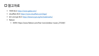  참고자료
▪ 가비아 로고: https://www.gabia.com/
▪ cloudflare 로고: https://www.cloudflare.com/logo/
▪ let's encrypt 로고: https://letsencrypt.org/ko/trademarks/
▪ flaticon
▪ 라우터: https://www.flaticon.com/free-icon/wireless-router_2743461
 