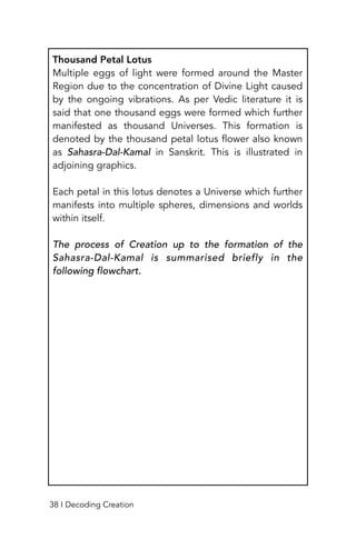 Thousand Petal Lotus
Multiple eggs of light were formed around the Master
Region due to the concentration of Divine Light caused
by the ongoing vibrations. As per Vedic literature it is
said that one thousand eggs were formed which further
manifested as thousand Universes. This formation is
denoted by the thousand petal lotus flower also known
as Sahasra-Dal-Kamal in Sanskrit. This is illustrated in
adjoining graphics.
Each petal in this lotus denotes a Universe which further
manifests into multiple spheres, dimensions and worlds
within itself.
The process of Creation up to the formation of the
Sahasra-Dal-Kamal is summarised briefly in the
following flowchart.
38 I Decoding Creation
 