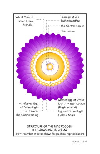 STRUCTURE OF THE MACROCOSM
THE SĀHĀSTRĀ-DĀL-KĀMĀL
(Fewer number of petals shown for graphical representation)
The Centre
The Central Region
Passage of Life
Brāhmārāndhra
Whorl Cave of
Great Time -
Māhâkâl
Master Egg of Divine
Light - Master Region
(Brighterworld)
Eggs of Divine Light
Cosmic Souls
Manifested Egg
of Divine Light
The Universe
The Cosmic Being
Evolve - 1 | 39
 