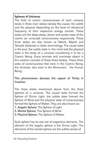 Spheres of Universe
The field of cosmic consciousness of each universe
exists in three main states namely the causal, the subtle
and the physical depending on the level of vibrational
frequency of their respective energy centres. These
states are the deep-sleep, dream and awake state of the
cosmic (or universal) consciousness respectively. These
three states are also known as Sâttvik, Râjasik and
Tâmasik attributes in Vedic terminology. The causal state
is the soul, the subtle state is. the mind and the physical
state is the body of a universe considering it to be a
Cosmic Being. Every animate and inanimate object in
this creation consists of these three bodies. These three
sates of consciousness that exist in the Cosmic Being,
the Universe, also exist in the Microcosm, the Human
Being.
This phenomenon denotes the aspect of Trinity in
Creation.
The three states mentioned above form the three
spheres of a universe. The causal state formed the
Sphere of Divine Light, the subtle state formed the
Sphere of Mind and the physical state of consciousness
formed the Sphere of Matter. They are also known as:
1. Angelic Sphere: The Sphere of Light
2. Mental Sphere: The Sphere of Mind
3. Physical Sphere: The Sphere of Matter
Each sphere has its own set of respective elements. The
element of the angelic sphere is the Divine Light. The
elements of the mental sphere are the subtle senses of
52 I Decoding Creation
 