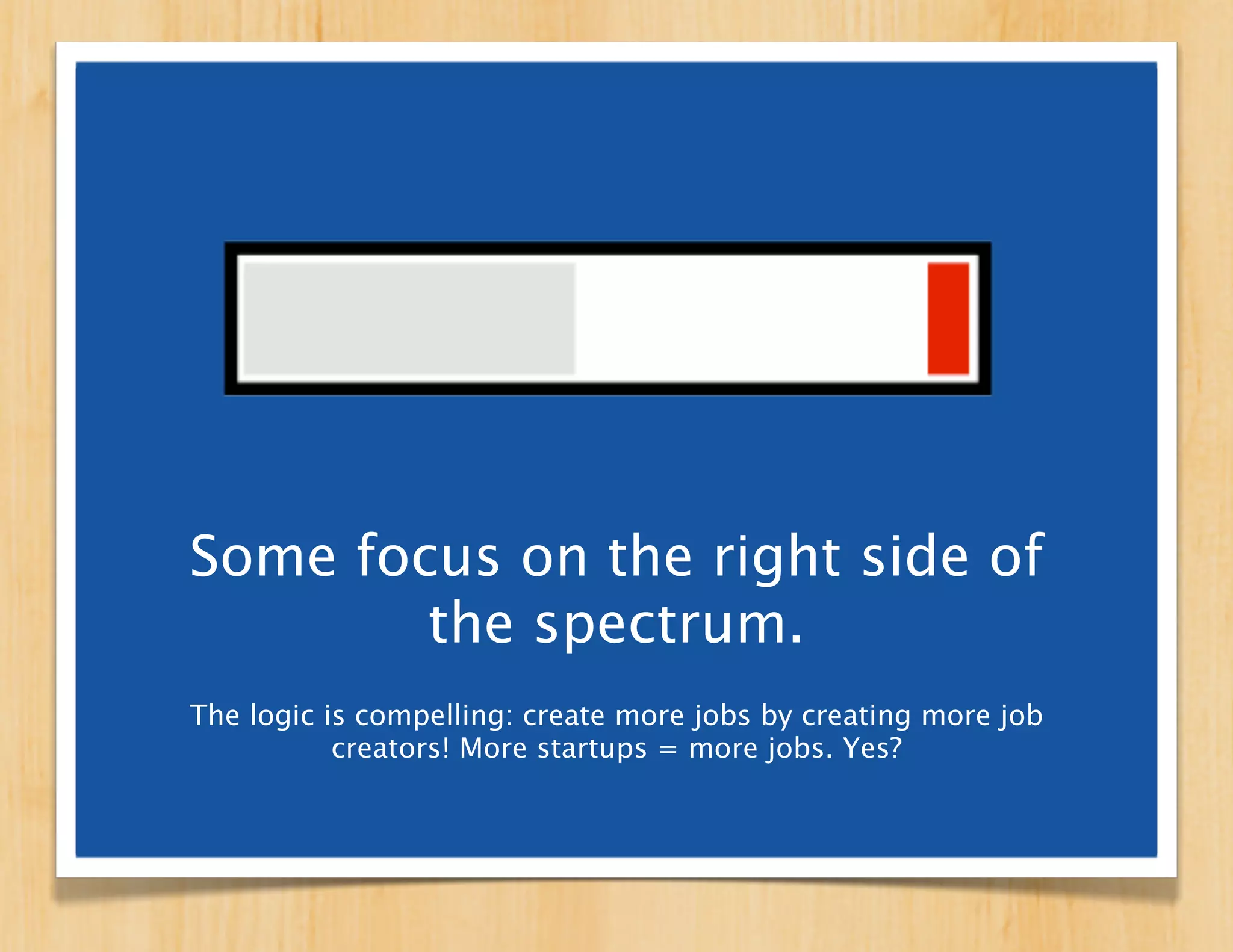 A lot of attention is focused on
the right side of the spectrum.
  The logic is compelling: create more jobs by creating
   more job creators! More startups = more jobs. Yes?
 