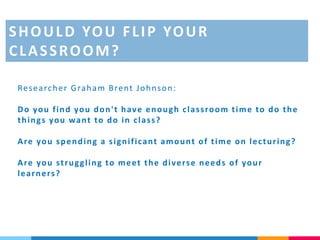 Researcher Graham Brent Johnson:
Do you find you don't have enough classroom time to do the
things you want to do in class?
Are you spending a significant amount of time on lecturing?
Are you struggling to meet the diverse needs of your
learners?
SHOULD YOU FLIP YOUR
CLASSROOM?
 