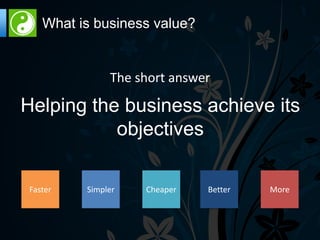 What is business value?


               The short answer

Helping the business achieve its
           objectives

 Faster   Simpler   Cheaper   Better   More
 