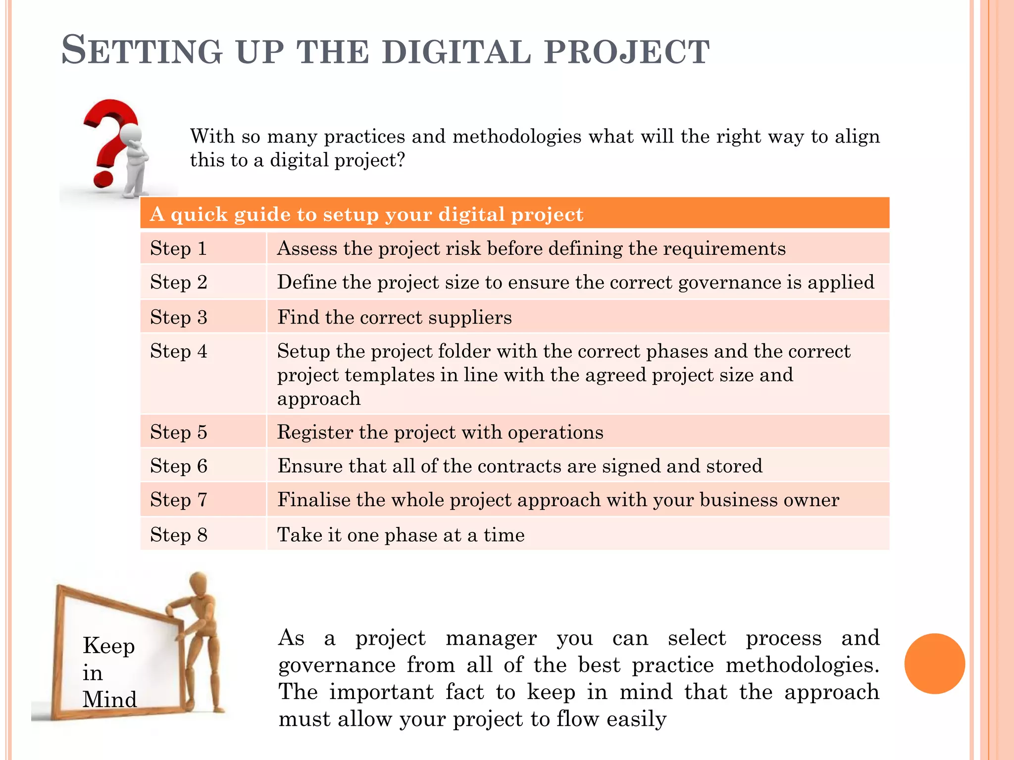 SETTING UP THE DIGITAL PROJECT
With so many practices and methodologies what will the right way to align
this to a digital project?
A quick guide to setup your digital project
Step 1 Assess the project risk before defining the requirements
Step 2 Define the project size to ensure the correct governance is applied
Step 3 Find the correct suppliers
Step 4 Setup the project folder with the correct phases and the correct
project templates in line with the agreed project size and
approach
Step 5 Register the project with operations
Step 6 Ensure that all of the contracts are signed and stored
Step 7 Finalise the whole project approach with your business owner
Step 8 Take it one phase at a time
As a project manager you can select process and
governance from all of the best practice methodologies.
The important fact to keep in mind that the approach
must allow your project to flow easily
Keep
in
Mind
 