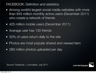 FACEBOOK: Deﬁnition and statistics
                Among world’s largest social media websites with more
                than 845 million monthly active users (December 2011)
                who create a network of friends
                425 million mobile users (December 2011)
                Average user has 130 friends
                50% of users return daily to the site
                Photos are most popular shared and viewed item
                280 million photos uploaded per day



           Source: Facebook + Journalists, July 2011       Let’s Get Engaged


Friday, March 16, 12
 
