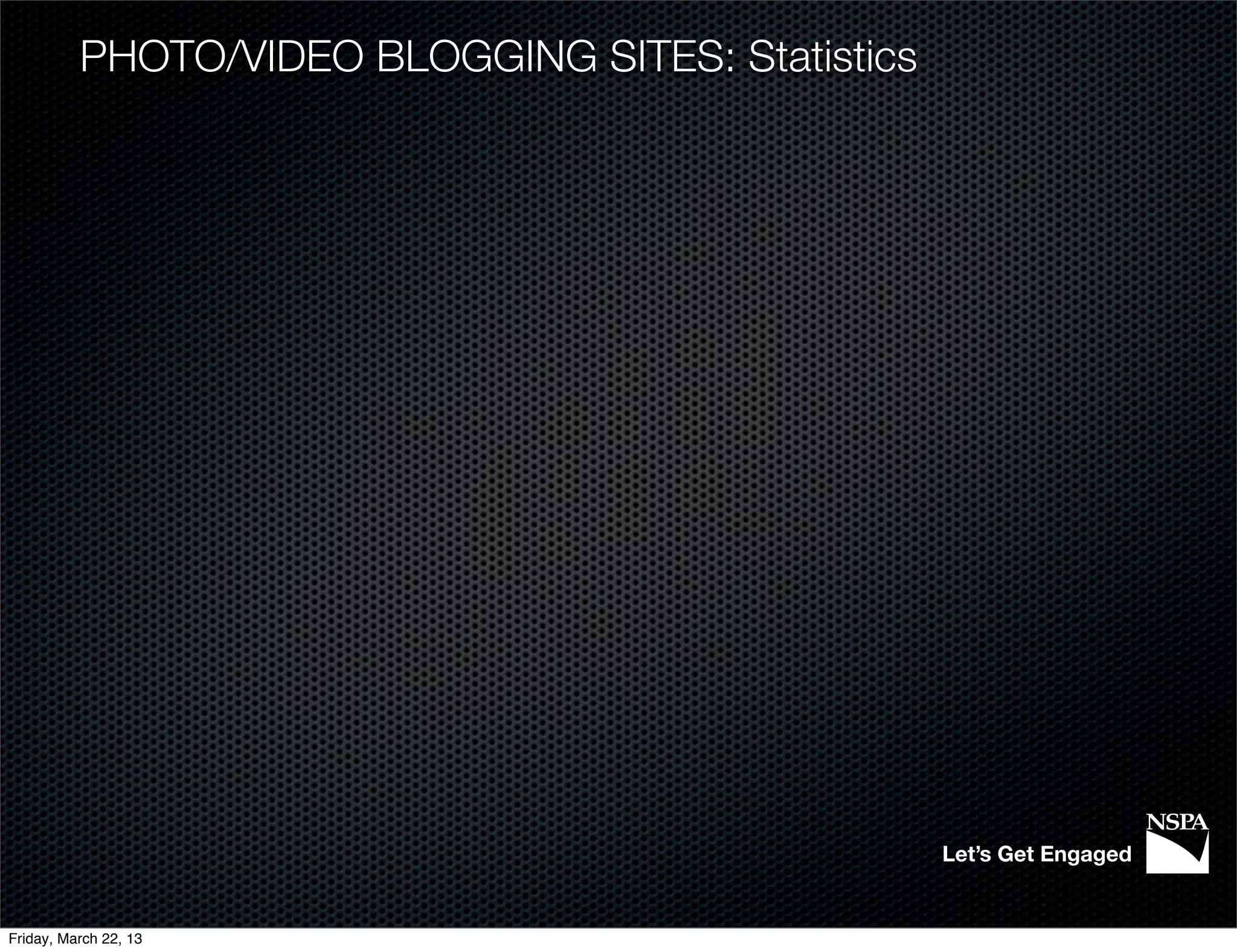 PHOTO/VIDEO BLOGGING SITES: Statistics




                                                   Let’s Get Engaged


Friday, March 22, 13
 