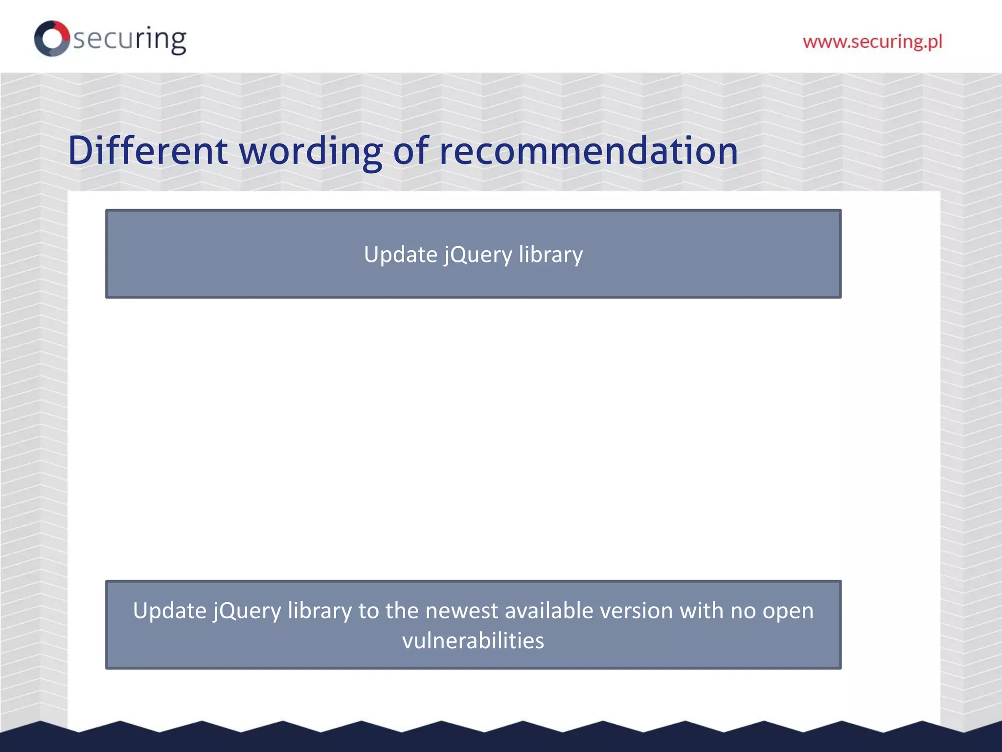 Different wording of recommendation
Update jQuery library to the newest available version with no open
vulnerabilities
Update jQuery library
 
