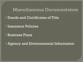 Deeds and Certificates of Title Insurance Policies Business Plans  Agency and Environmental Information 
