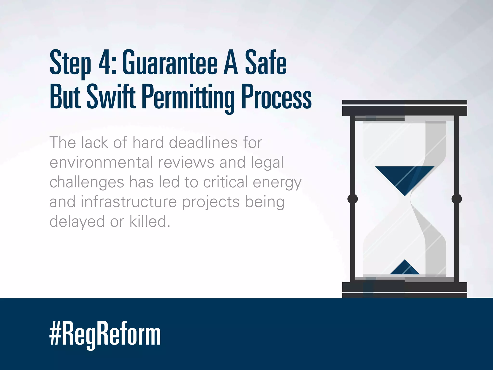 #RegReform
Step 4:GuaranteeA Safe
But Swift Permitting Process
The lack of hard deadlines for
environmental reviews and legal
challenges has led to critical energy
and infrastructure projects being
delayed or killed.
 