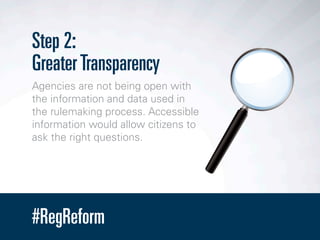 #RegReform
Step 2:
GreaterTransparency
Agencies are not being open with
the information and data used in
the rulemaking pr...