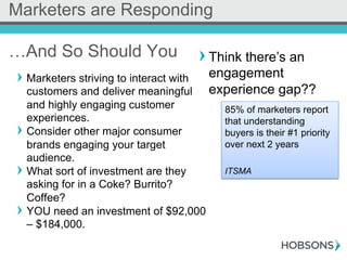 ! Marketers striving to interact with
customers and deliver meaningful
and highly engaging customer
experiences.
! Consider other major consumer
brands engaging your target
audience.
! What sort of investment are they
asking for in a Coke? Burrito?
Coffee?
! YOU need an investment of $92,000
– $184,000.
Marketers are Responding
…And So Should You
85% of marketers report
that understanding
buyers is their #1 priority
over next 2 years
ITSMA
! Think there’s an
engagement
experience gap??
 