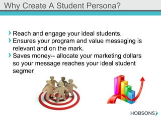! Reach and engage your ideal students.
! Ensures your program and value messaging is
relevant and on the mark.
! Saves money-- allocate your marketing dollars
so your message reaches your ideal student
segments
Why Create A Student Persona?
 