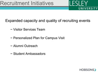 Expanded capacity and quality of recruiting events
- Visitor Services Team
- Personalized Plan for Campus Visit
- Alumni Outreach
- Student Ambassadors
Recruitment Initiatives
 