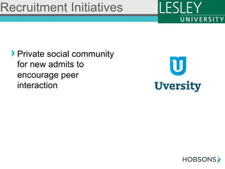 ! Private social community
for new admits to
encourage peer
interaction
Recruitment Initiatives
 