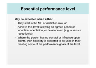 Essential performance level

May be expected when either:
•  They start in the MH or Addiction role, or
•  Achieve this level following an agreed period of
   induction, orientation, or development (e.g. a service
   receptionist)
•  Where the person has no contact or influence upon
   clients, then flexibility is expected to be used in their
   meeting some of the performance goals of the level
 