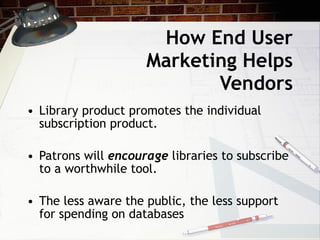 How End User Marketing Helps Vendors Library product promotes the individual  subscription product. Patrons will  encourage  libraries to subscribe to a worthwhile tool. The less aware the public, the less support for spending on databases 