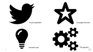 9
A quick explanation Campaigns that work
Innovative uses The approach
 