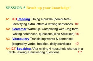 SESSION 5 Brush up your knowledge!

A1 ICTReading Doing a puzzle (computers),
    identifying extra letters & writing sentences 10'
A2 Grammar Warm up. Completing with –ing form,
    writing sentences, questions(likes &dislikes) 15'
A3 Vocabulary Translating words & sentences
    (biography verbs, hobbies, daily activities)   10'
A4 ICT Speaking After writing 4 household chores in a
 table, asking & answering questions             15'
 