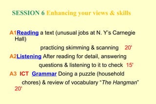 SESSION 6 Enhancing your views & skills

A1Reading a text (unusual jobs at N. Y’s Carnegie
 Hall)
            practicing skimming & scanning     20'
A2Listening After reading for detail, answering
           questions & listening to it to check 15'
A3 ICT Grammar Doing a puzzle (household
     chores) & review of vocabulary “The Hangman”
  20'
 