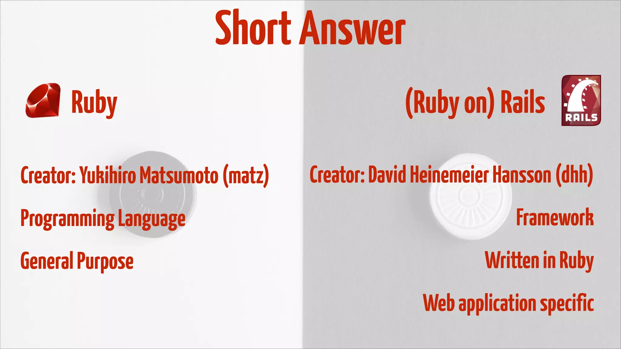 Short Answer
Ruby
Creator: Yukihiro Matsumoto (matz)
Programming Language
General Purpose
(Ruby on) Rails
Creator: David Heinemeier Hansson (dhh)
Framework
Written in Ruby
Web application specific