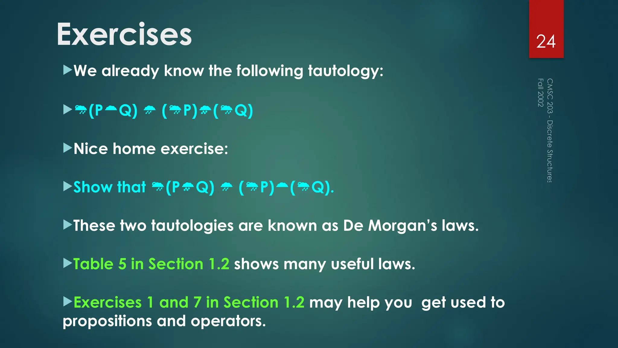 Exercises
We already know the following tautology:
(PQ)  (P)(Q)
Nice home exercise:
Show that (PQ)  (P)(Q).
These two tautologies are known as De Morgan’s laws.
Table 5 in Section 1.2 shows many useful laws.
Exercises 1 and 7 in Section 1.2 may help you get used to
propositions and operators.
Fall
2002
CMSC
203
-
Discrete
Structures
24
 