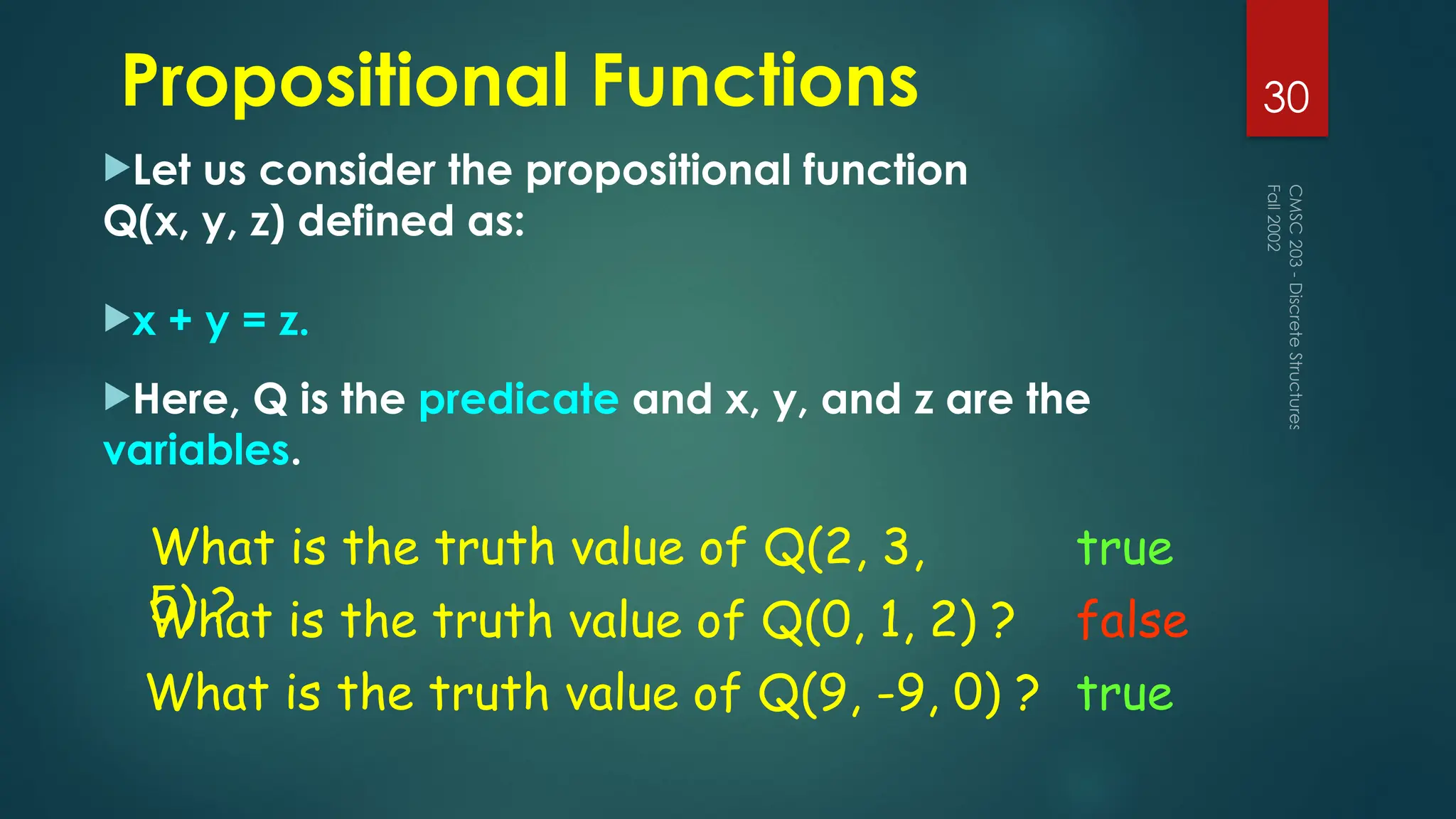 Propositional Functions
Let us consider the propositional function
Q(x, y, z) defined as:
x + y = z.
Here, Q is the predicate and x, y, and z are the
variables.
Fall
2002
CMSC
203
-
Discrete
Structures
30
What is the truth value of Q(2, 3,
5) ?
true
What is the truth value of Q(0, 1, 2) ?
What is the truth value of Q(9, -9, 0) ?
false
true
 