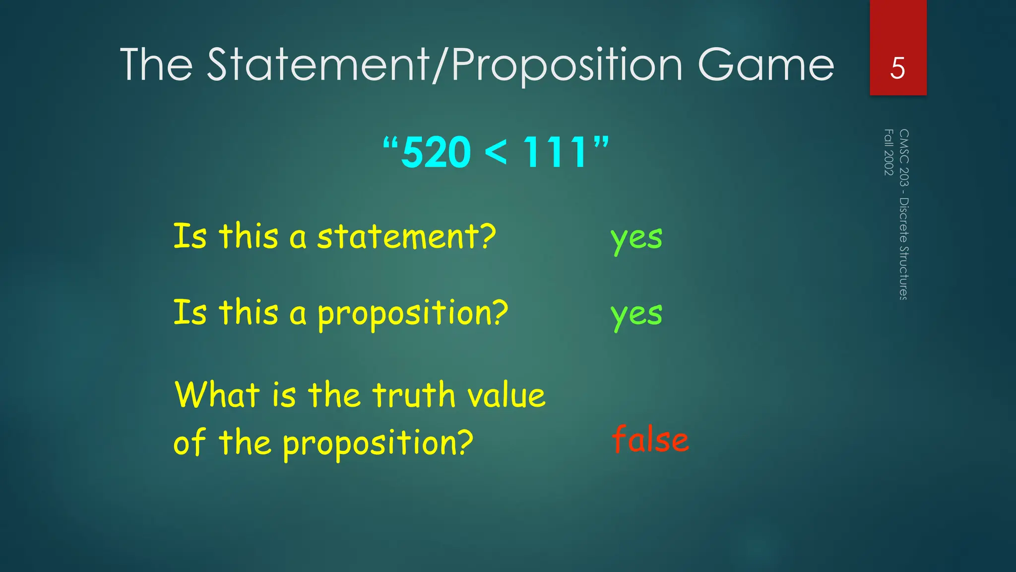 The Statement/Proposition Game
“520 < 111”
Fall
2002
CMSC
203
-
Discrete
Structures
5
Is this a statement? yes
Is this a proposition? yes
What is the truth value
of the proposition? false
 