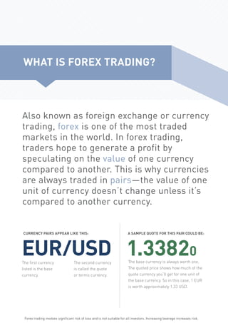 Also known as foreign exchange or currency
trading, forex is one of the most traded
markets in the world. In forex trading...