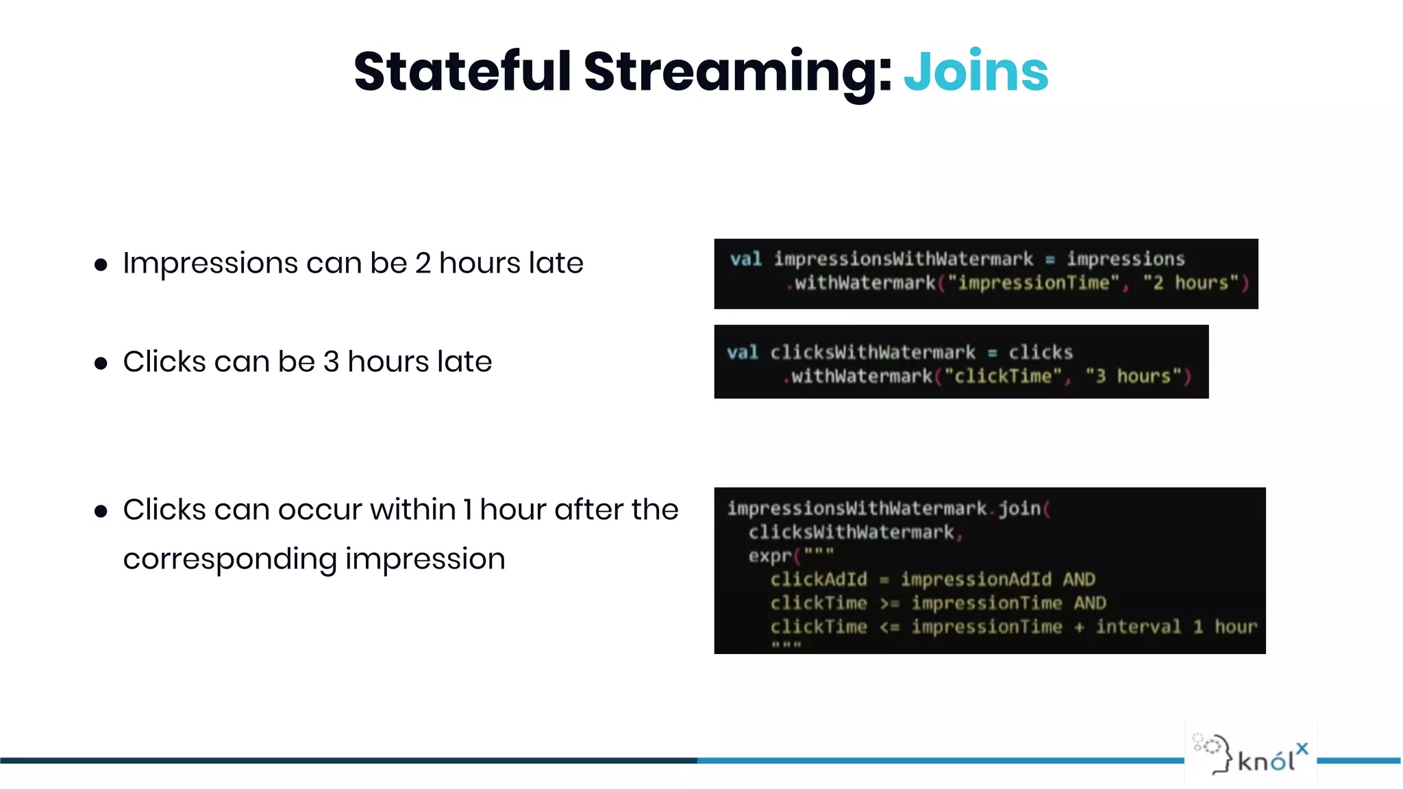 Stateful Streaming: Joins
● Impressions can be 2 hours late
● Clicks can be 3 hours late
● Clicks can occur within 1 hour after the
corresponding impression
 
