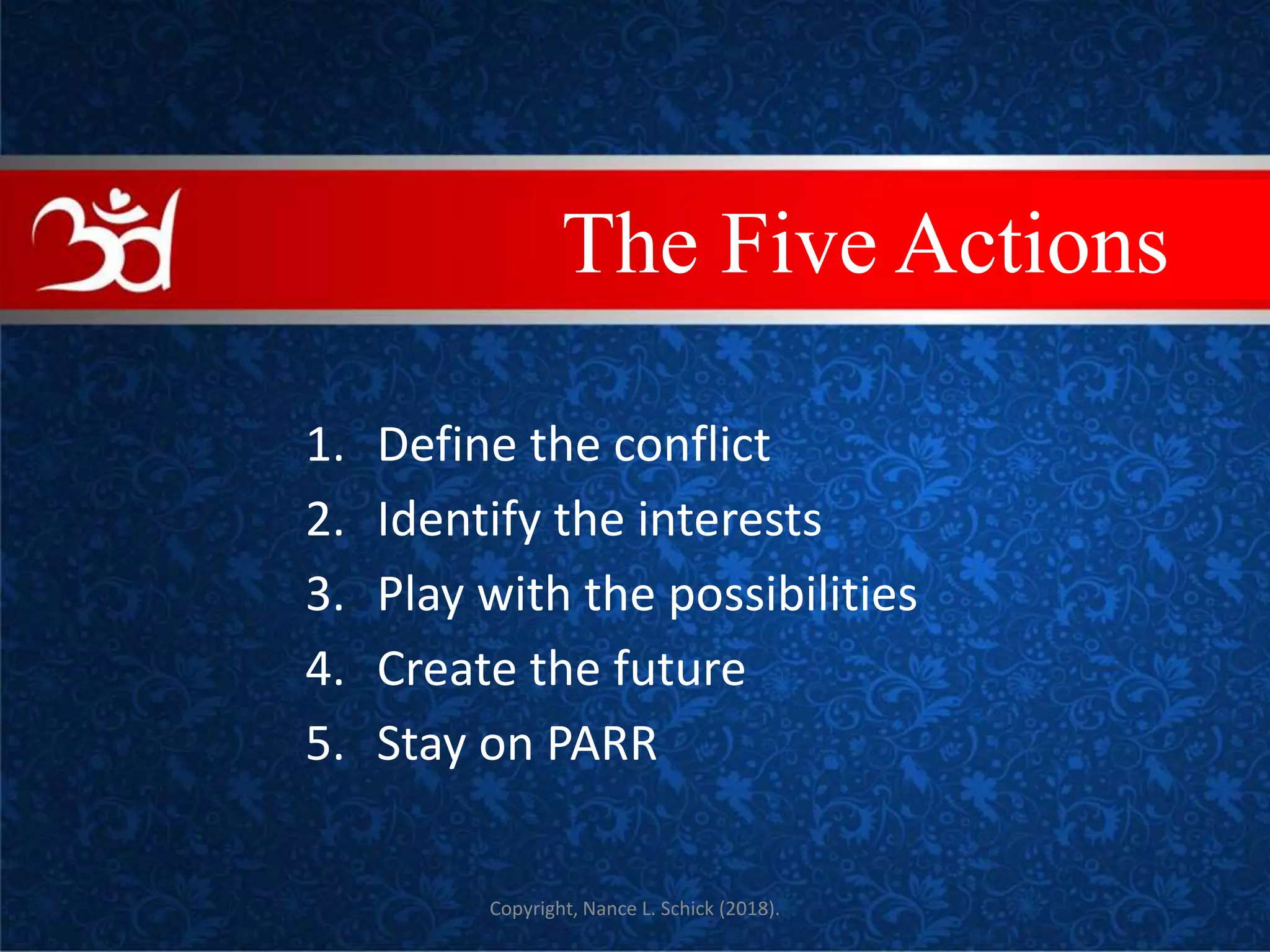 1. Define the conflict
2. Identify the interests
3. Play with the possibilities
4. Create the future
5. Stay on PARR
Copyright, Nance L. Schick (2018).
COVEThe Five Actions
 
