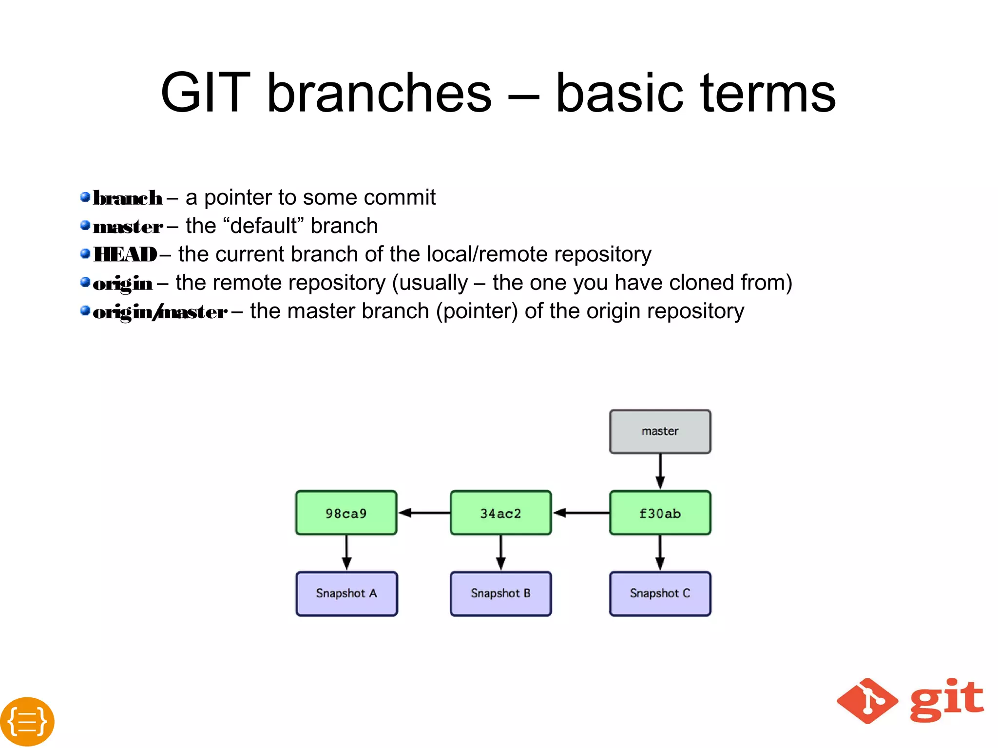 GIT branchesBasic terms
● branch – a pointer to some commit
● master – the “default” branch
● HEAD – the current branch of the local/remote repository
● origin – the remote repository (usually – the one you have
cloned from)
● origin/master – the master branch (pointer) of the origin
repository
 